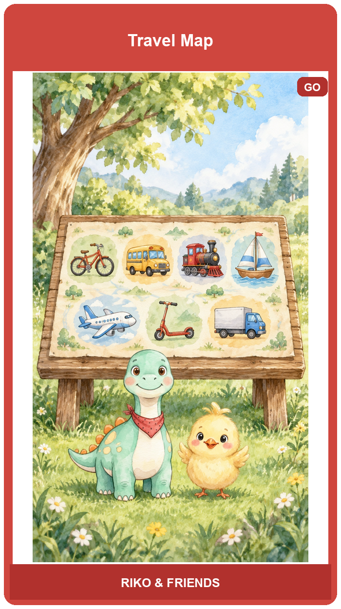 Riko Rides Through Town — Flash card sample